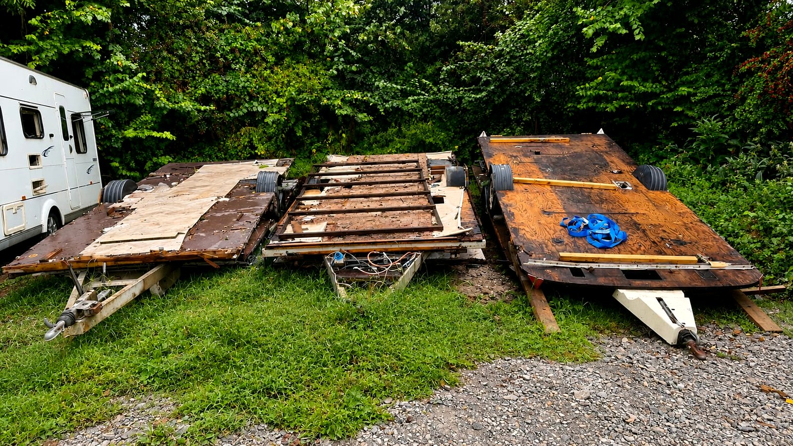 Stripped trailer chassis lined up on the grass at the yard