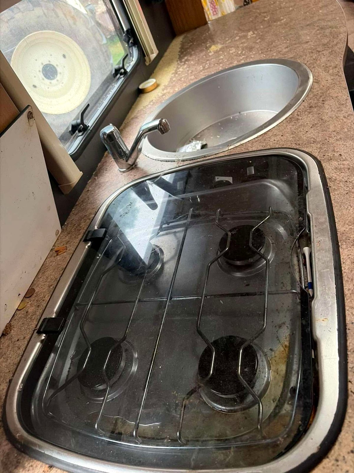 Caravan hob and sink still fitted in the worktop